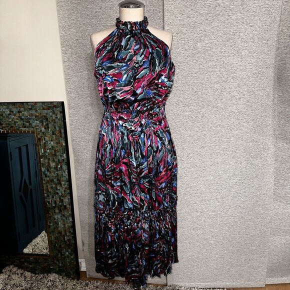 Nicole Miller Dress Women Pink Green Floral Silk Halter Sleeveless Pleated Sz M - Picture 1 of 16